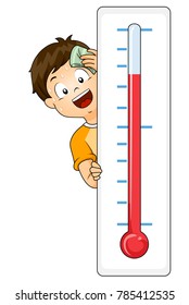 Illustration of a Kid Boy with a Thermometer Sweating From Hot Temperature