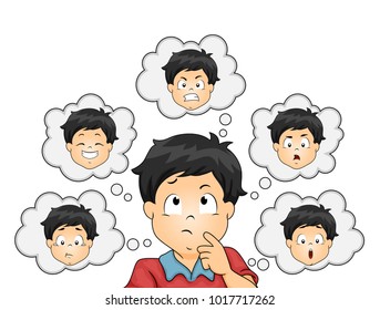 Illustration of a Kid Boy Thinking About Different Types of Emotion from Fear, Anger, Sadness, Joy, Disgust and Surprise