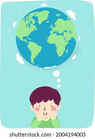 Illustration of a Kid Boy Thinking About the World or the Earth