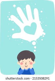Illustration of Kid Boy Thinking About His Mitzvah Project  with Heart in Hand Thinking Cloud