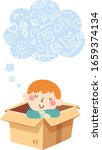 Illustration of a Kid Boy Thinking From Inside a Cardboard Box with Thinking Cloud Full of Doodles