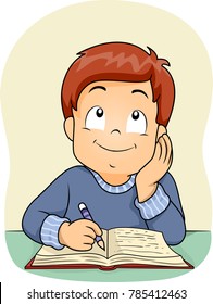 Illustration Of A Kid Boy Thinking And Writing On His Book