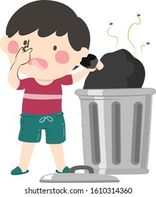 Ilustración de un niño lanzando una bolsa negra llena de basura maloliente en el basurero