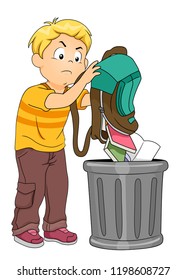 Illustration of a Kid Boy Throwing Books and Notebooks from His Backpack in the Trash Can