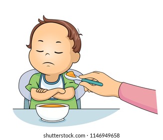 Illustration of a Kid Boy Toddler with Closed Arms and Refusing to Eat