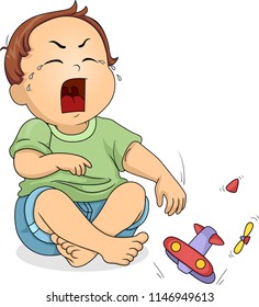 Illustration of a Kid Boy Toddler Crying and Breaking His Toy in the Process