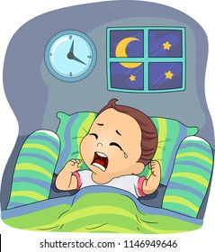 Illustration Of A Kid Boy Toddler Crying After Waking Up At Night In Bed