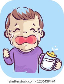 Illustration of a Kid Boy Toddler Crying and Holding His Milk