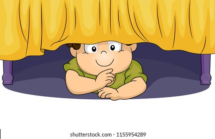 Illustration of a Kid Boy Toddler Hiding Under the Bed. Hide and Seek Game