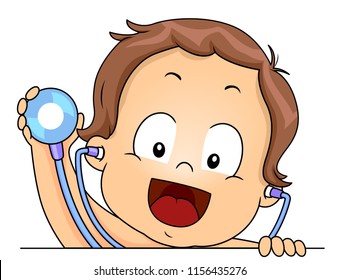 Illustration of a Kid Boy Toddler Holding a Stethoscope and Smiling for Check Up