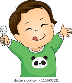 Illustration of a Kid Boy Toddler Holding a Spoon with Tongue Out, Yummy Expression