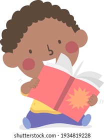 Illustration Of A Kid Boy Toddler Holding Book For Reading. Book Handling Skill