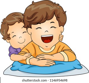 Illustration of Kid Boy Toddler Hugging Brother from the Back and Smiling