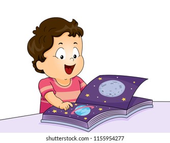 Illustration of a Kid Boy Toddler Looking at Picture Books About the Outer Space