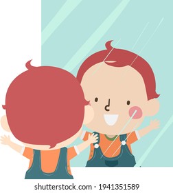Illustration of a Kid Boy Toddler Looking at and Waving at Himself from the Mirror