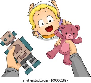 Illustration of a Kid Boy Toddler Picking a Pink Teddy Bear Over a Toy Robot from Hands