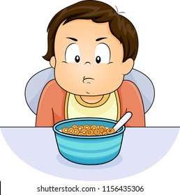 Illustration Of A Kid Boy Toddler Pouting And Refusing To Eat A Bowl Of Cereal