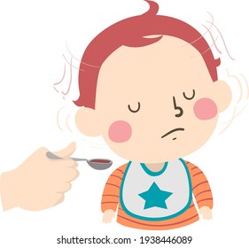 Illustration of a Kid Boy Toddler Shaking His Head Saying No to Spoonful of Medicine