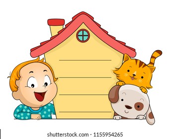 Illustration of a Kid Boy Toddler Showing a House Board with His Pet Cat and Dog. House Pet Rules.