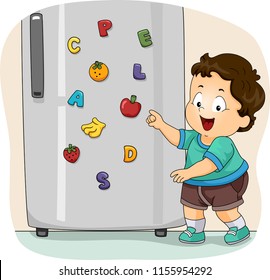 Illustration Of A Kid Boy Toddler Showing His Toy Refrigerator Magnets With Fruits And Letters