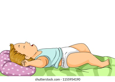 Illustration of a Kid Boy Toddler Sleeping Soundly on the Bed in Diapers