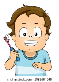 Illustration of a Kid Boy Toddler Smiling and Showing Teeth While Holding a Toothbrush with Toothpaste