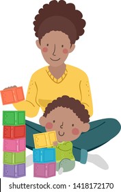 Illustration of a Kid Boy Toddler Stacking Building Blocks with His Mother