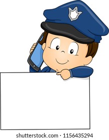 Illustration of a Kid Boy Toddler Wearing Police Hat on His Mobile Phone and Pointing to a Blank White Board
