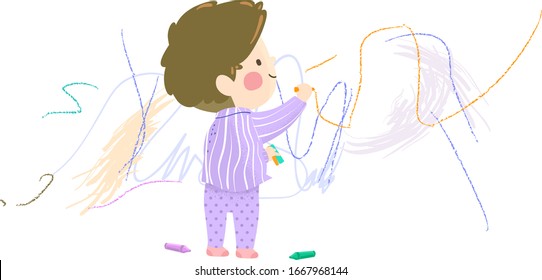 Illustration of a Kid Boy Toddler Wearing Pajama and Using Crayons and Drawing Scribbles and Doodles on a Wall