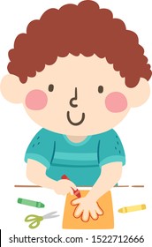 Illustration of a Kid Boy Tracing His Left Hand Using Crayon on a Sheet of Paper