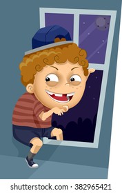 Illustration Of A Kid Boy Trying To Sneak Out Through The Window