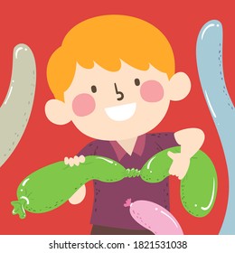 Illustration of a Kid Boy Twisting Long Balloons, Forming Different Shapes