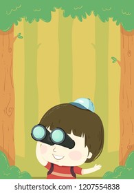 Illustration Of A Kid Boy Using Binoculars In The Forest For Birdwatching