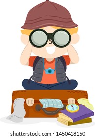 Illustration of a Kid Boy Using Binoculars and Sitting On Top of a Suitcase Overflowing with Clothes, Books and Compass