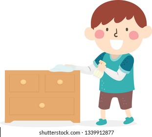Illustration of a Kid Boy Using Cloth and Cleaner in a Bottle Spray to Wipe Cabinet. Household Chore