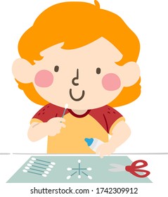 Ilustración de un niño utilizando barras de algodón para hacer copos de nieve
