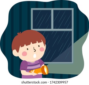 Illustration Of A Kid Boy Using Flashlight And Its Raining Outside