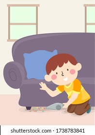 Illustration of a Kid Boy Using Hand Vacuum to Clean Under the Sofa as Part of His Household Chores