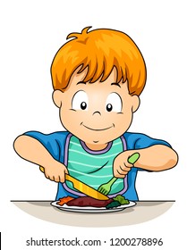 Illustration of a Kid Boy Using Knife and Fork While Eating