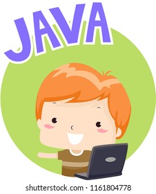 Illustration of a Kid Boy Using Laptop with Java. Programming Icon