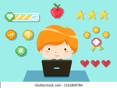 Illustration of a Kid Boy Using Laptop with Gaming Icons for Programming Games