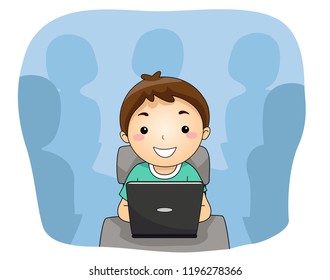 Illustration eines Kinderjungen mit Laptop im Klassenzimmer