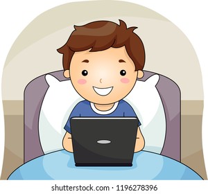 Illustration eines Kinderjungen mit einem Laptop im Bett bei Nacht