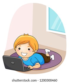 Illustration of a Kid Boy Using a Laptop While Lying Down on the Floor Rug