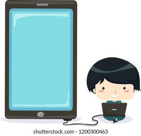 Illustration of a Kid Boy Using a Laptop and Connecting to His Mobile Phone