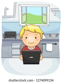 Illustration of a Kid Boy Using a Laptop in their Kitchen