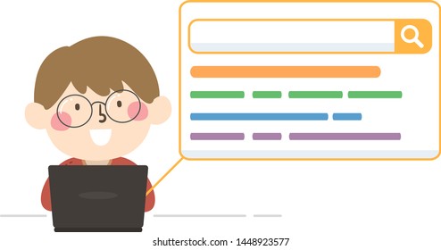 Illustration Of A Kid Boy Using A Laptop During A Web Search With Screen Shown On His Side