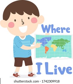 Illustration Of A Kid Boy Using A Map And Pointing To The Place He Lives