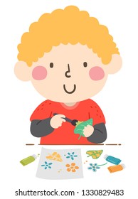 Illustration of a Kid Boy Using a Paintbrush and Painting a Leaf for Stencil