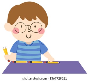 Illustration of a Kid Boy Using Pencils to Measure a Table, Arbitrary and Non Standard Unit of Measurement